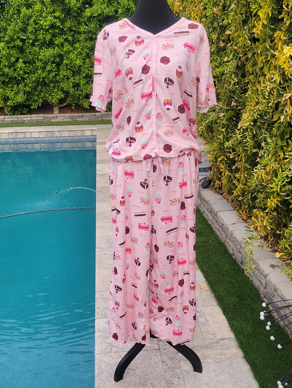 Cuddle Duds Pink Dessert-Print Short-Sleeve Pajama Set L